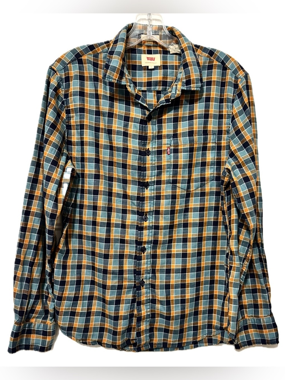 Levi's Plaid Button Down Shirt Blue Orange Cotton Flannel Grunge Small